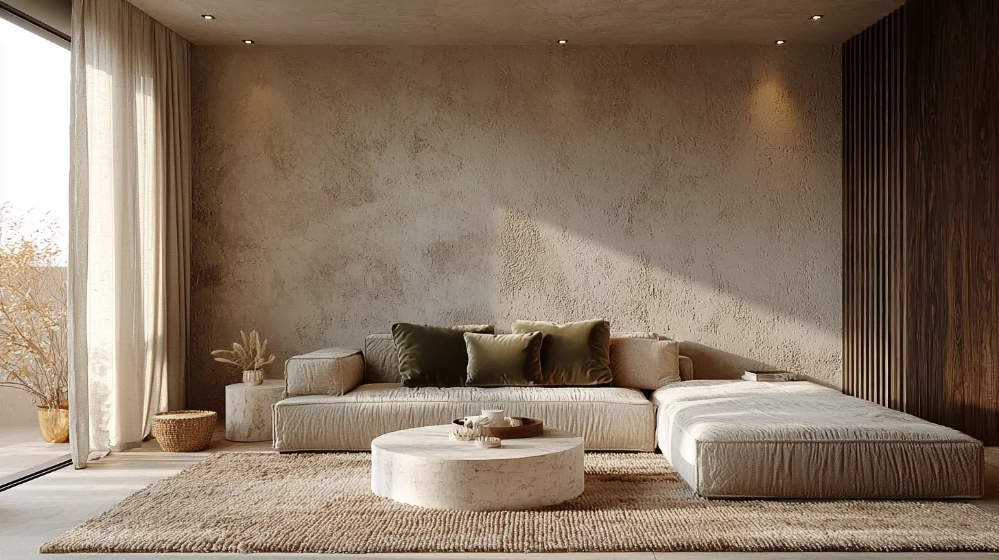 تصميم داخلي الرياض 2025, جدران Greige دافئ, كنبة زيتوني غامق, خشب جوز داكن خفيف, خامات حجر وكتان